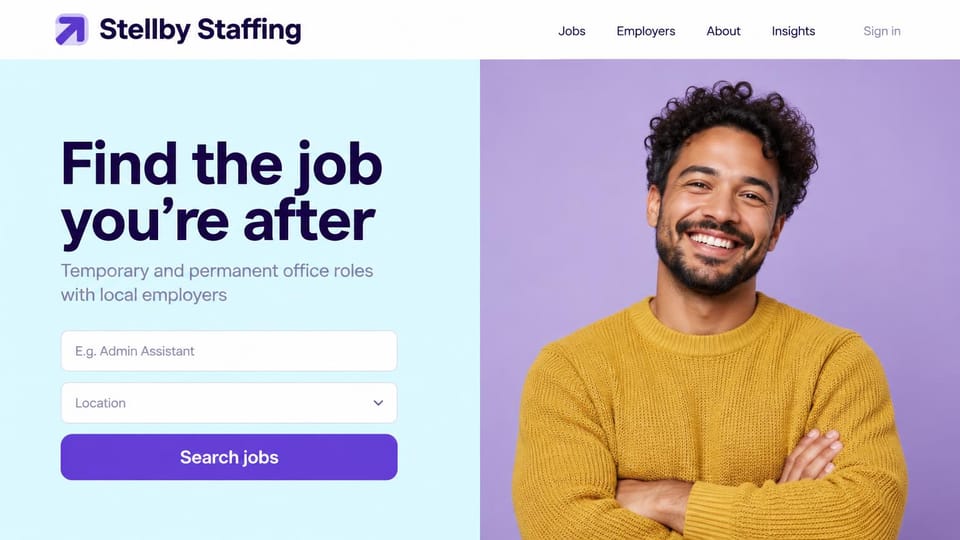 Recruiting website design, office staffing with a job search up front: pale blue and lavender split hero, a large dark purple headline, job title and location fields, a purple search button and a smiling man in a mustard sweater