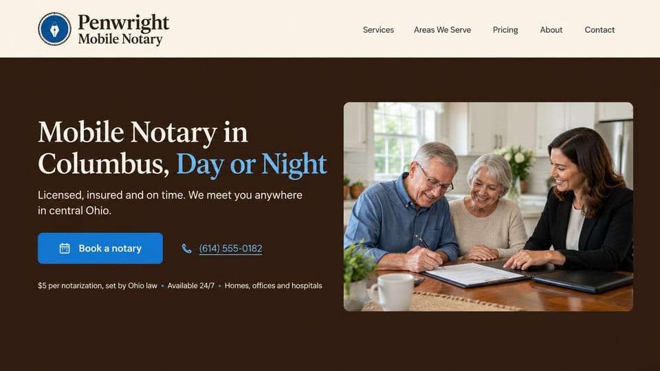 Notary website design, mobile notary with the fee in plain sight: deep brown hero, white serif headline with a pale blue accent, blue booking button, a framed photo of a notary with an older couple