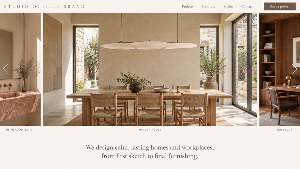 Interior design website design, homes and workplaces in a project carousel: cream page, a carousel of a pink marble bath, a stone dining room and a study above a serif statement