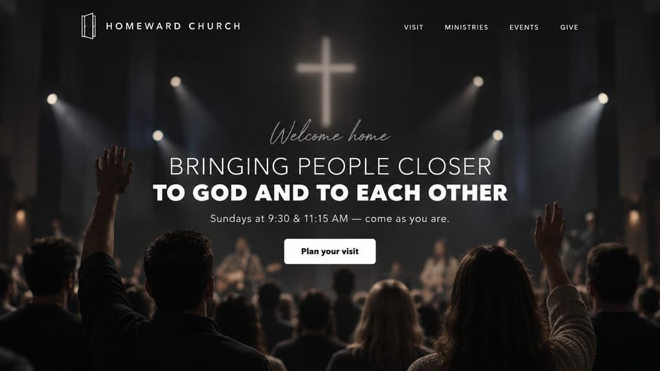 Church website design, worship night with a glowing cross: near-black worship room with a glowing cross and stage lights, script and uppercase white headline
