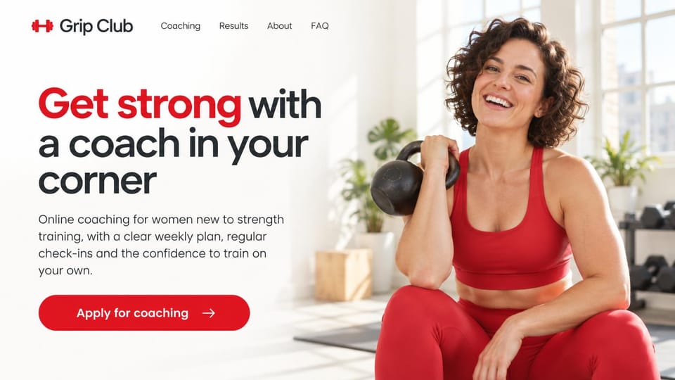 Personal trainer website design, online coaching for women new to lifting, in bright red: white page, a red and charcoal headline, a red apply button, a smiling curly-haired woman in red holding a kettlebell in a bright loft