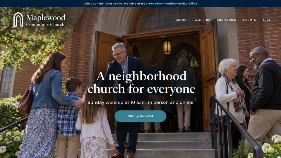 Church website design, neighborhood church with a welcome at the door: a pastor welcoming families at a brick church door, centered white serif headline and a teal button