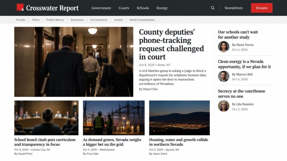 News and magazine website design, state news with columnist headshots: charcoal header with a red logo and donate button, serif headlines, a courthouse hallway and power lines at dusk