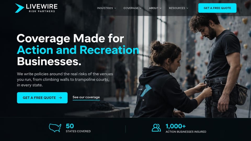 Insurance agency website design, recreation business coverage in a climbing gym: black and charcoal, a staff member checking a climber's harness in a climbing gym, white and cyan headline, cyan quote button, a stats bar