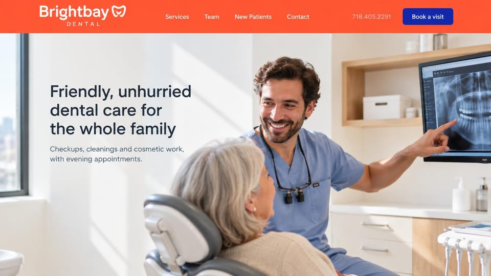 Business website design, family dentist explaining an X-ray: coral header with a navy book button, a bright treatment room where a dentist points to an X-ray for an older patient, dark headline