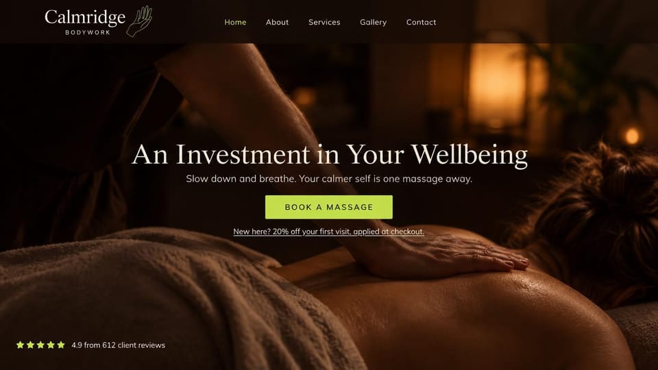 Massage therapist website design, relaxation massage with a first-visit offer: dark brown photo of a hand resting on a client's back, a centered cream serif headline and a lime green button