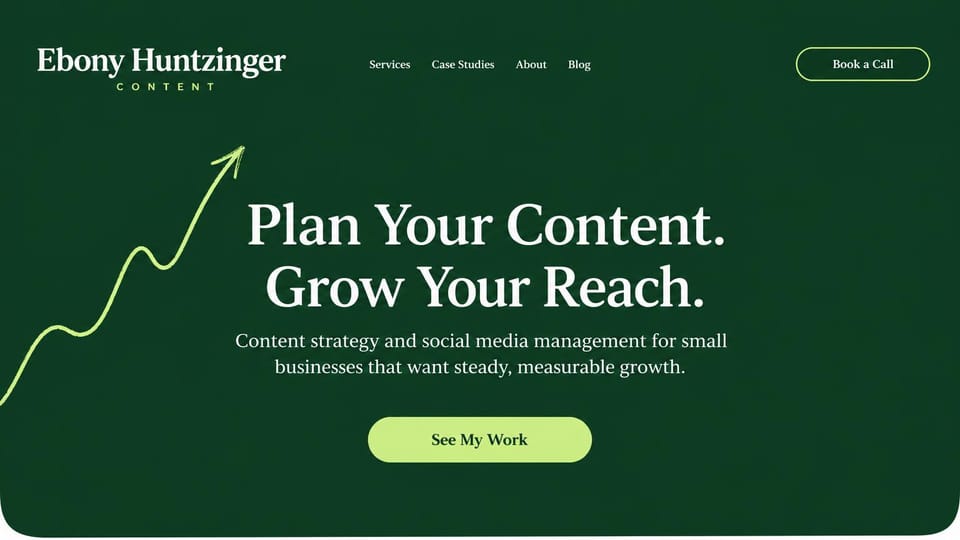 Marketing portfolio website design, content and social media with a rising arrow: forest green page, a centered cream serif headline, a lime hand-drawn arrow and a lime button