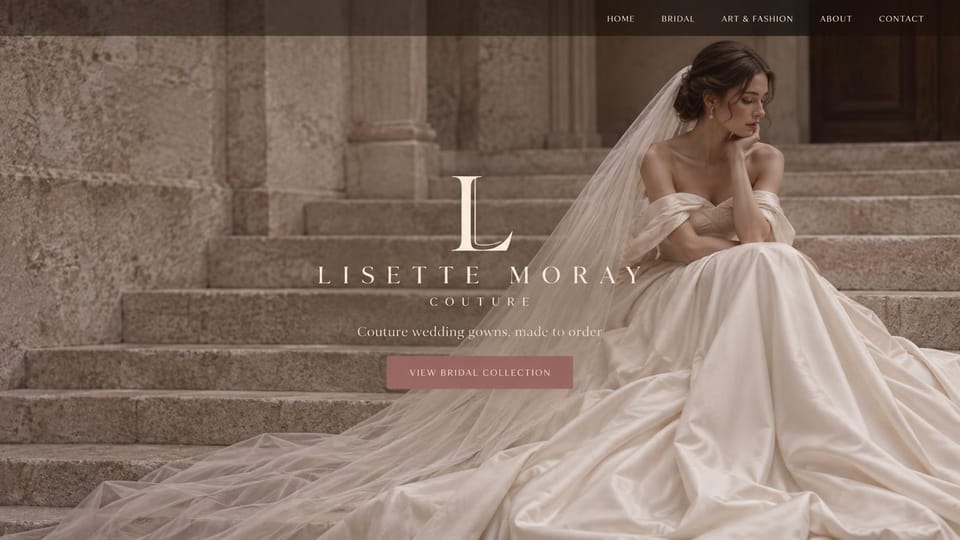 Fashion website design, couture bridal with the logo centered on the photo: dark nav bar, a bride in an off-shoulder ivory gown and long veil on old stone steps, a large serif monogram and spaced name centered on the photo, a mauve button
