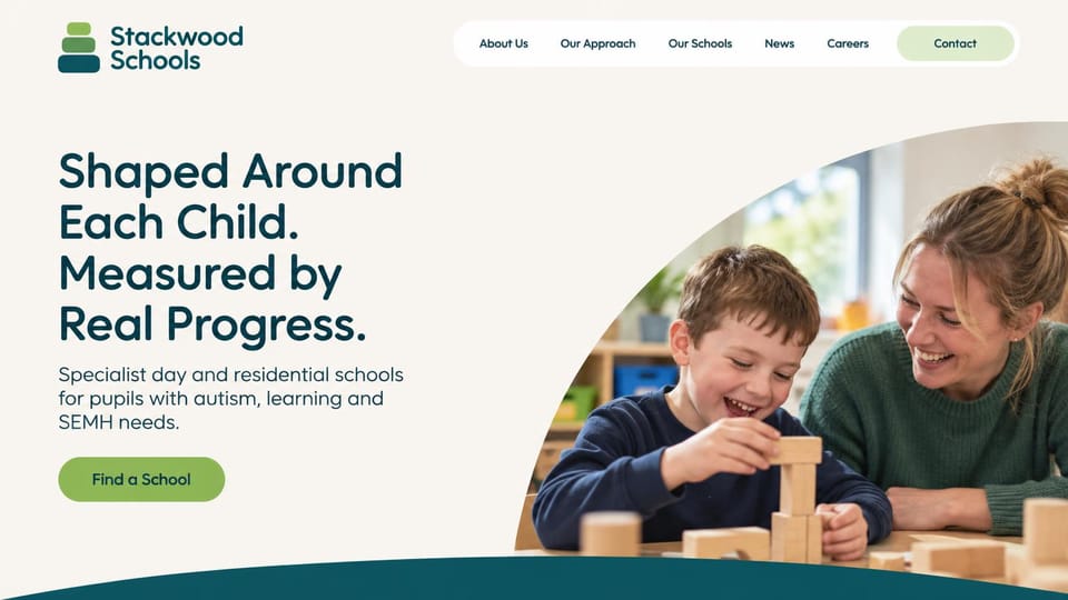 School website design, specialist school group with a curved photo: cream page, a navy headline, a curved photo of a boy and a teacher stacking wooden blocks, a green find a school button