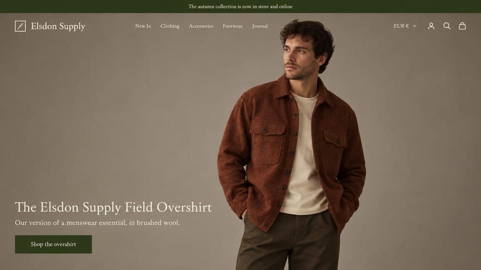 Fashion website design, menswear built around one signature overshirt: olive top bar, a man in a rust brushed-wool overshirt and cream tee on a taupe backdrop, a dark serif headline and a dark olive button