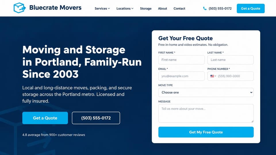 Moving company website design, family-run moving and storage with a big quote form: deep navy page with no photo, a white headline, a blue button and an outlined phone button, a large white quote form with a move type menu