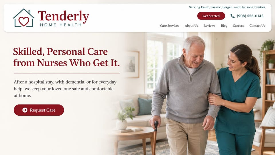 Home care website design, nurse-led home health for after a hospital stay: cream page, a burgundy serif headline and button beside a nurse in teal scrubs walking with an older man with a cane
