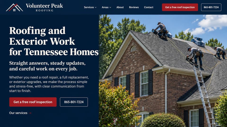 Roofing website design, roofing and exterior work in a navy serif panel: navy panel with a large white serif headline and a red inspection button beside roofers on a brick house under blue sky