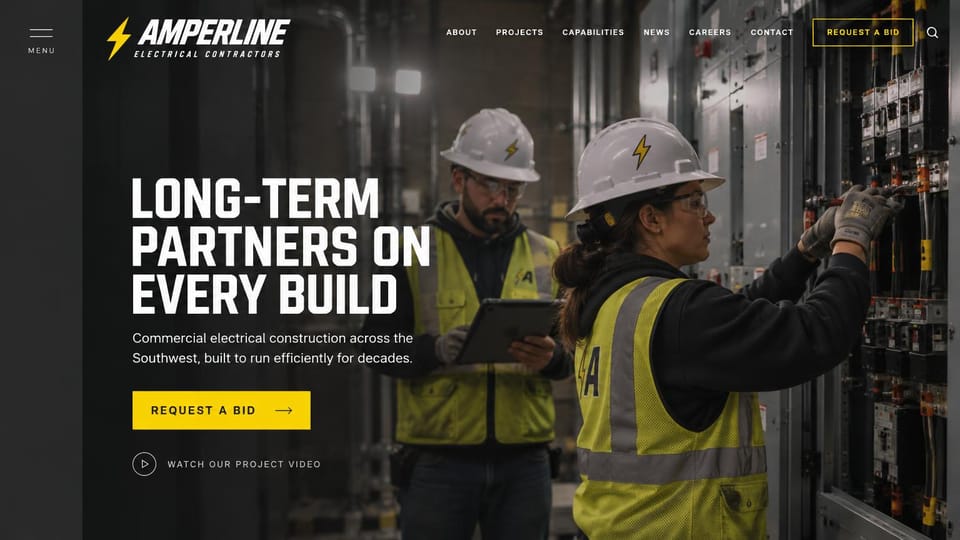 Electrician website design, commercial construction with a project video: a dark side menu, two electricians in hard hats and hi-vis vests at switchgear, a white condensed headline and a yellow bid button