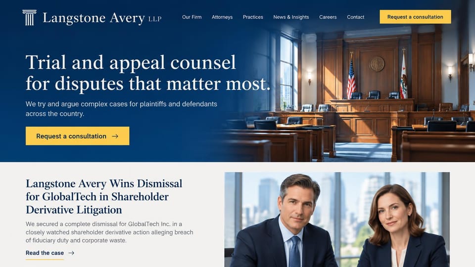 Law firm website design, trial and appeals with a featured case: navy and gold, a courtroom beside the headline and a featured case below