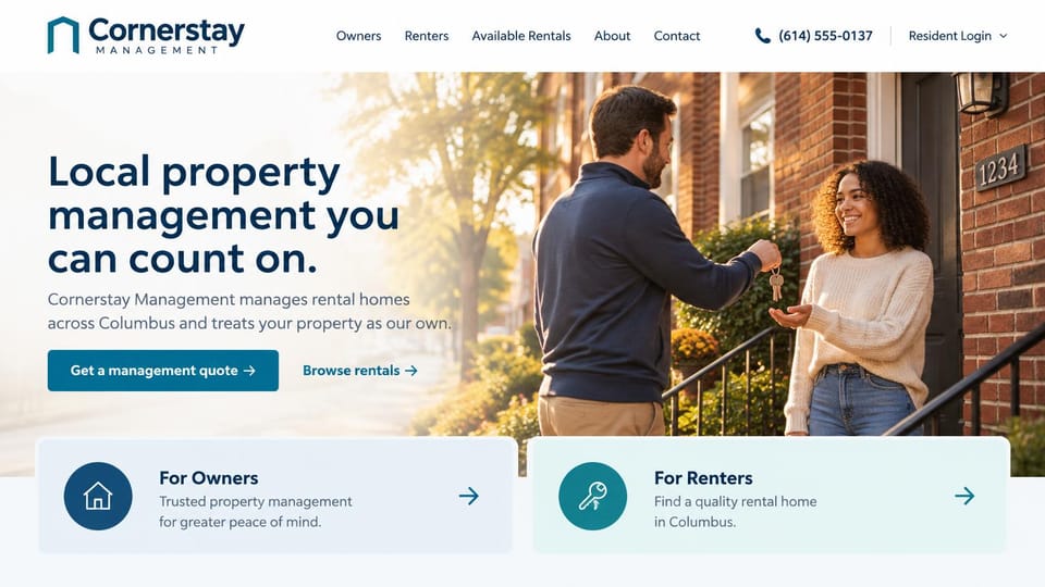 Property management website design, rental home management with owner and renter cards: white page, a navy headline, a blue quote button, a manager handing keys to a woman at a brick door and two pale blue cards