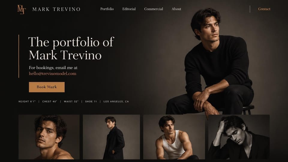 Model portfolio website design, male model who takes bookings by email: near-black page, a cream serif headline with a copper rule, a copper email link and button, a stats line, a dark-haired man in a black sweater on a stool and four photos below