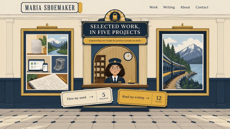 One page website design, portfolio as an illustrated train station: illustrated train station hall in cream and navy, a conductor at a ticket window, framed project pictures and two ticket buttons