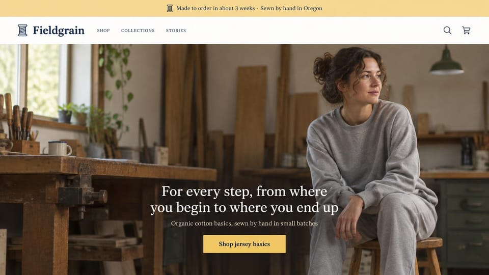 Fashion website design, made-to-order basics in a woodworking shop: yellow top bar, a woman in a gray sweatshirt and sweatpants on a stool in a woodworking workshop, a centered white serif headline and a yellow button