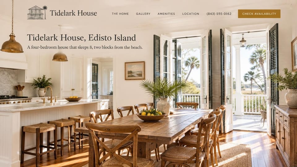 Vacation rental website design, beach house that opens on the kitchen: cream header with a house and palm logo, phone number and gold button, a sunlit white kitchen and long wooden table with doors open to a porch and palms, dark serif title