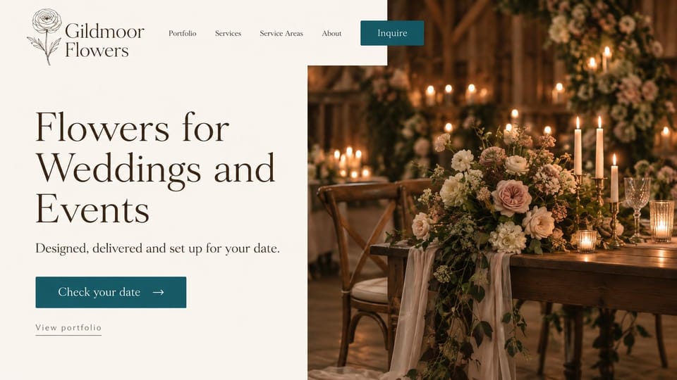 Florist website design, wedding and event florist with a cream and teal split: cream panel with a large dark serif headline and a teal date button beside a photo of a candlelit barn table with a cascading arrangement of blush roses