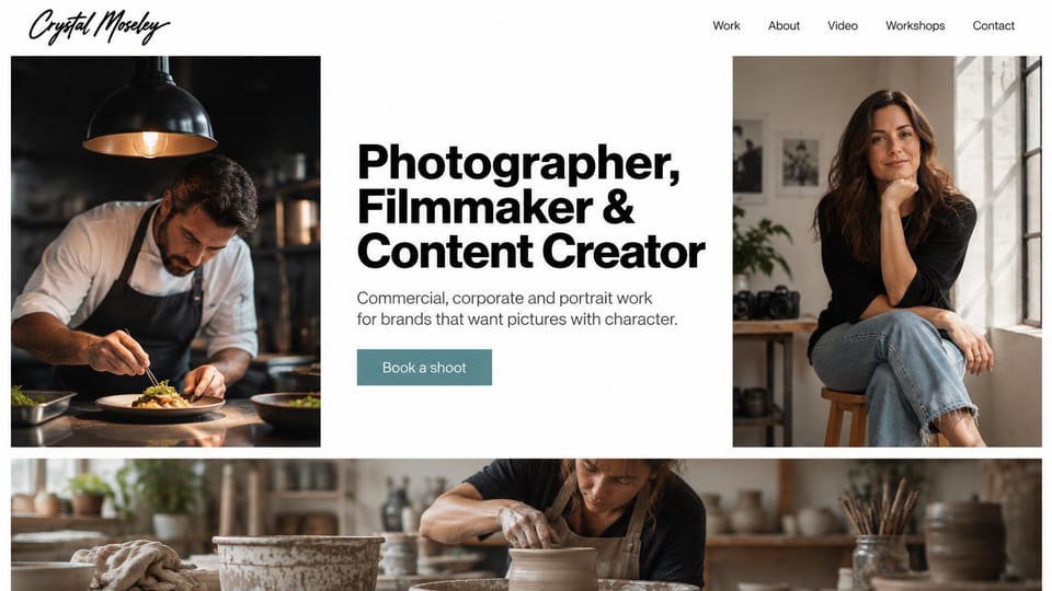 Photography website design, photographer and filmmaker for small brands: white page, a bold black headline between a chef plating food and a woman on a studio stool, a teal button
