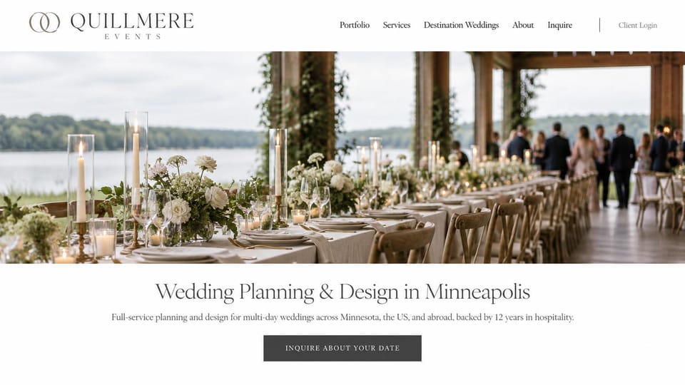 Wedding planner website design, multi-day weddings with a wide pavilion photo: white page, wide photo of a lakeside pavilion with a long candlelit table and guests, centered serif headline, dark button