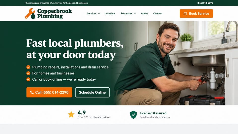 Plumbing website design, local plumber in deep green with a serif headline: dark green top bar, white header, a deep green hero with a white serif headline and orange check marks, an orange call button, a plumber smiling under a kitchen sink