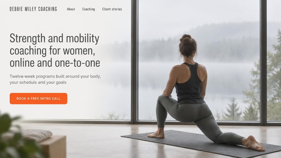 Personal trainer website design, calm coaching for women on a foggy morning: misty pale gray page, a gray condensed headline, an orange intro call button, a woman in a low lunge on a mat facing tall windows over a foggy lake