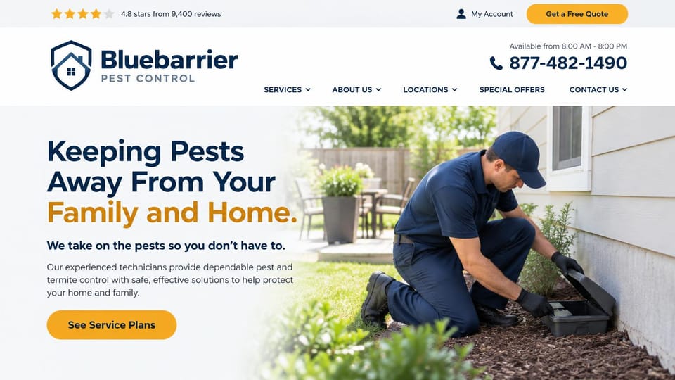 Pest control website design, pest and termite service plans on a bright page: white page, a navy and golden orange headline, a technician in navy kneeling at a bait station in a backyard, a yellow plans button