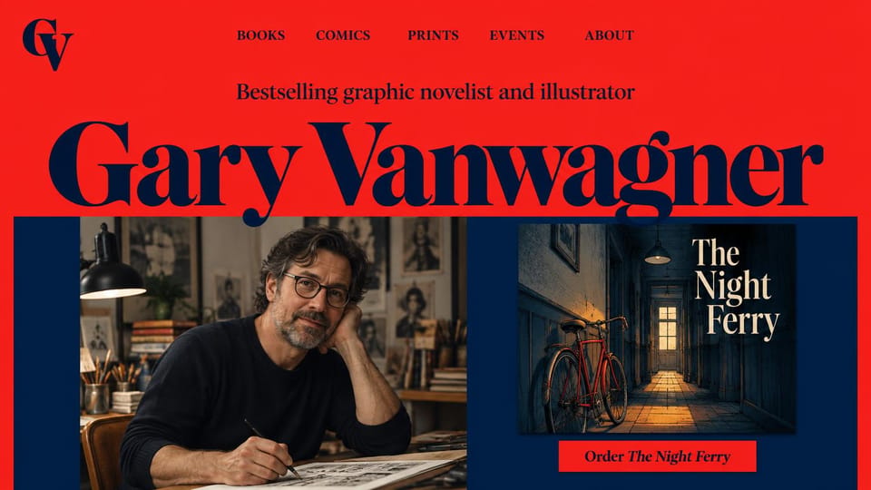 Author website design, graphic novelist in red and navy: vivid red, an oversized navy serif name, an artist drawing and a cover with an order button