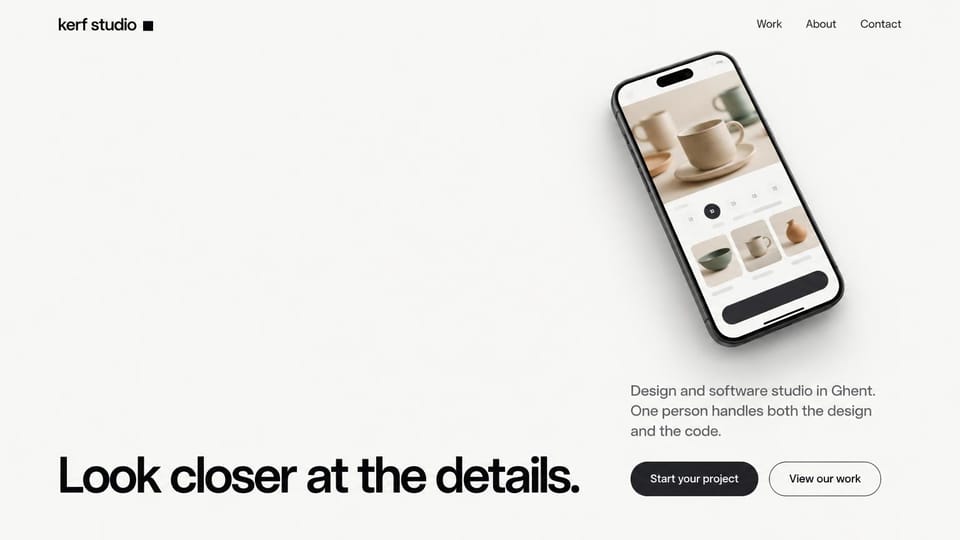 Portfolio website design, one-person design and code studio: warm white page, a tilted phone showing a shop app, a large black headline and two rounded buttons