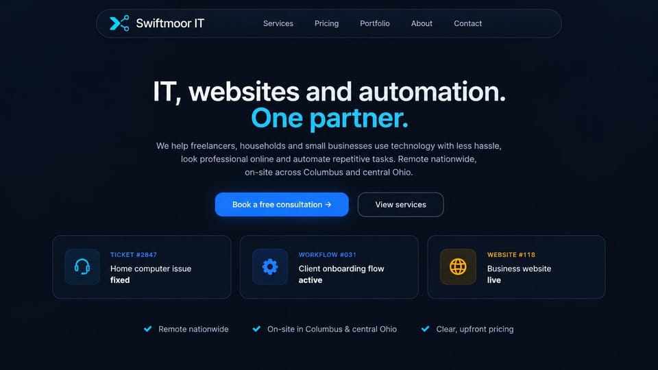 IT company website design, iT help for households and small businesses: near-black page, centered white and cyan headline, blue and outlined buttons, three dark status cards with small icons, a line of check marks below