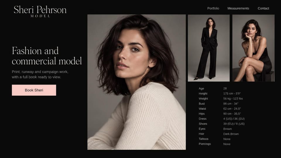 Model portfolio website design, fashion and commercial model with a full stats list: black page, a white serif headline, a pale pink booking button, a large portrait of a woman in a cream sweater and two smaller photos