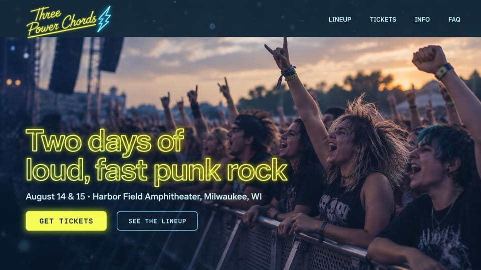 Event website design, punk festival with neon type over the crowd: dark photo of a cheering crowd at a barrier, neon yellow-green rounded headline, glowing ticket button