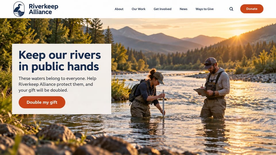 Nonprofit website design, river conservation at golden hour: two volunteers testing a mountain river at sunset, a cream card with a navy headline and an orange button