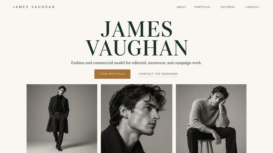 Model portfolio website design, menswear model with a centered serif name: warm off-white page, a large dark green serif name, a gold portfolio button and three black and white photos of a man