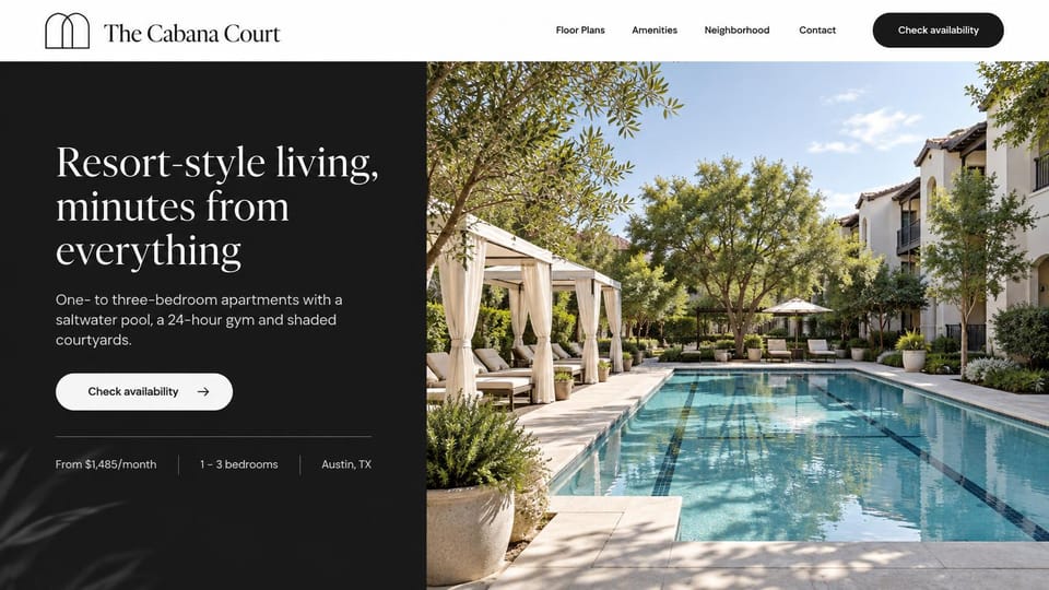 Apartment website design, resort-style community in black and white: white header, a black left panel with a large white serif headline and white pill button, a pool lined with white cabanas and trees on the right