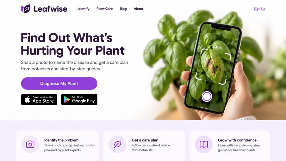 Mobile app website design, plant care app with the camera in action: white and lavender, a hand photographing a plant with a phone, a purple button and store badges