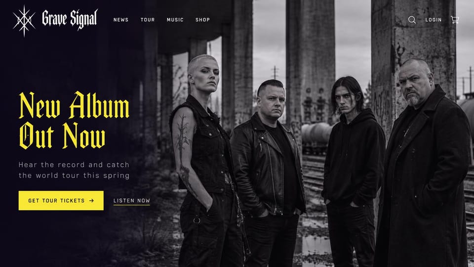 Musician website design, metal band in black and yellow: black and white photo of a five-piece band by a rail yard, a yellow headline and ticket button