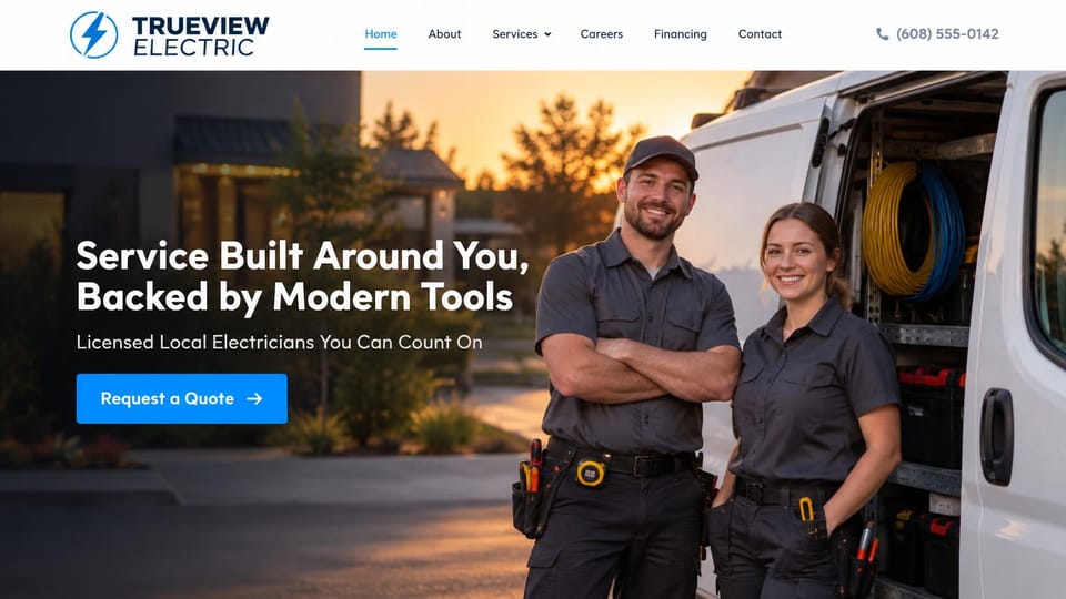 Electrician website design, two-person crew beside the service van: white header, a sunset photo of a smiling man and woman electrician in gray work shirts beside an open white van, a white headline and a blue quote button