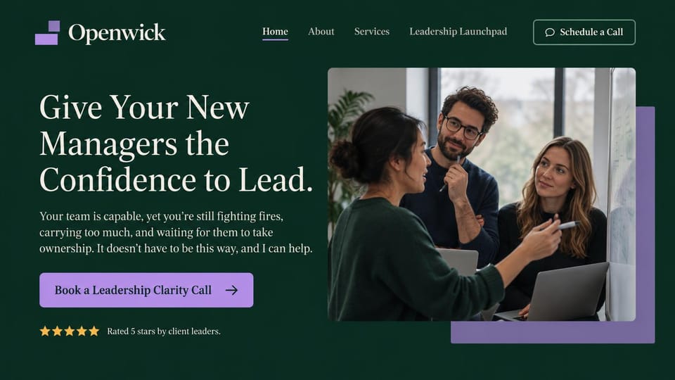 Consulting website design, new manager training in forest green and lavender: deep green page, a cream serif headline, a lavender call button, five gold stars and a photo of three colleagues by a whiteboard