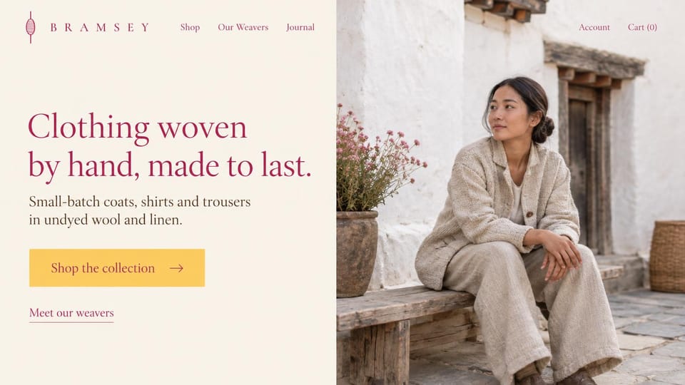 Fashion website design, handwoven jackets with a meet-the-weavers link: cream left panel with a magenta serif headline, a yellow button and a weavers link beside a woman in an undyed textured jacket on a bench in a whitewashed courtyard