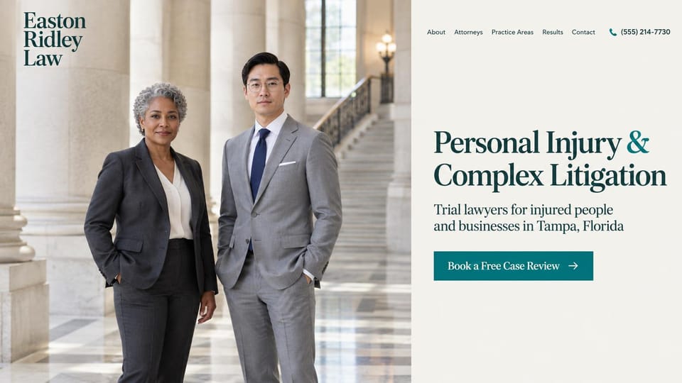 Law firm website design, personal injury, light and calm: ivory and teal, two attorneys on courthouse stairs beside a serif headline