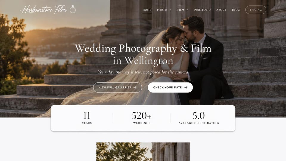 Wedding photographer website design, photo and film studio with a stats card over the photo: sunset photo of a couple sitting on old stone steps with a long veil, a white script logo, a centered white serif headline, two pill buttons and a white stats card below