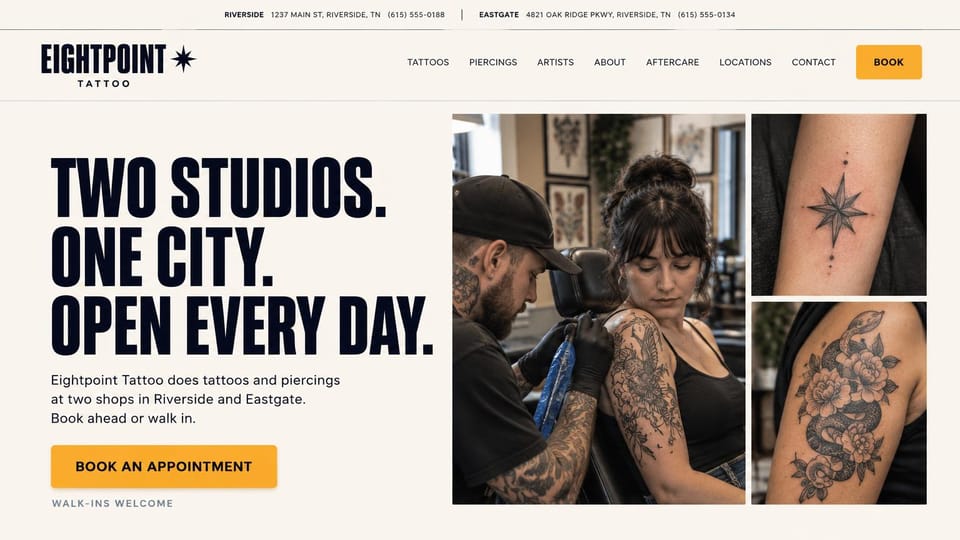 Tattoo website design, walk-in tattoo and piercing shop in heavy capitals: cream page, heavy black condensed capitals, a yellow button, a collage of an artist at work and two healed tattoos, a top bar with two addresses