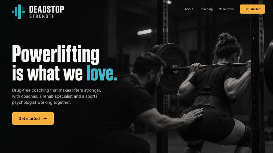 Personal trainer website design, powerlifting team with rehab and sports psychology: black page, a huge white condensed headline ending in teal, a yellow start button, a black and white photo of a coach cueing a lifter's barbell squat