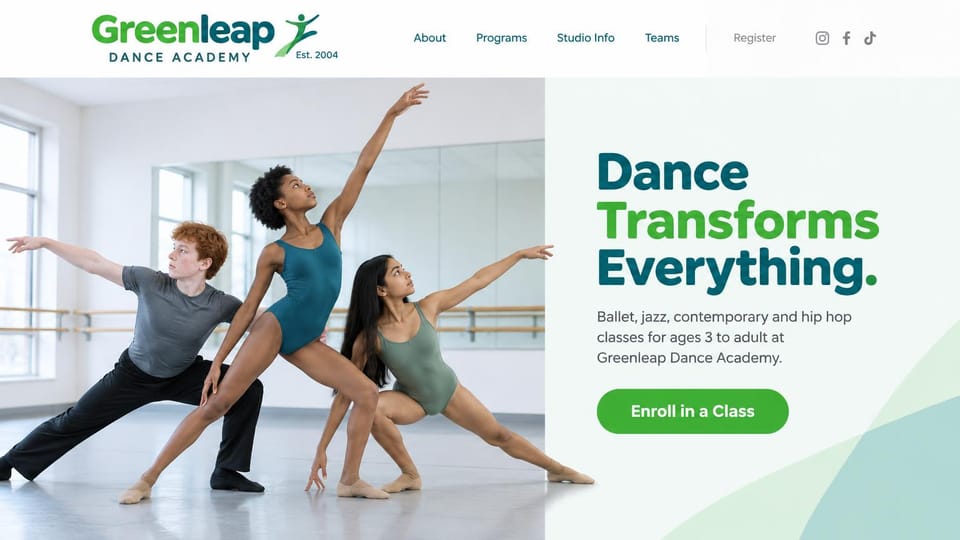 Dance studio website design, contemporary and jazz academy in green: white page, a photo of three dancers in deep lunges in a bright studio, a teal and green headline, a green enroll button
