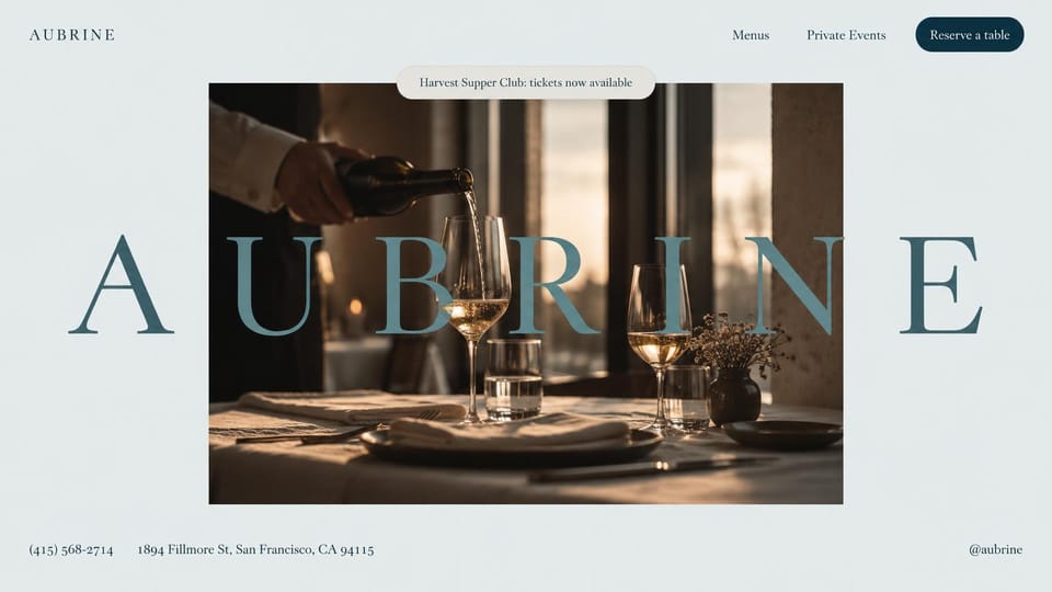 Restaurant website design, fine dining with oversized letters: pale blue-gray page, oversized teal serif letters across a framed photo of wine being poured
