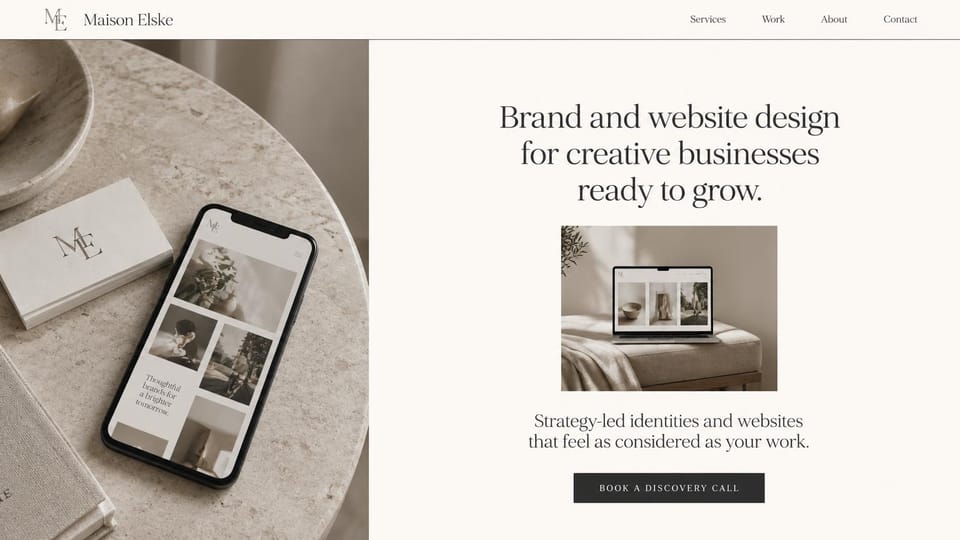 Graphic design portfolio website design, brand and web studio, soft and minimal: split layout, a phone and business cards on a marble table at left, cream right side with a charcoal serif headline, a laptop photo and a black button